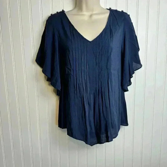 Anthropologie Maeve Maya Flutter Sleeve Navy Pintuck Blouse size 4 H33 - Picture 3 of 9